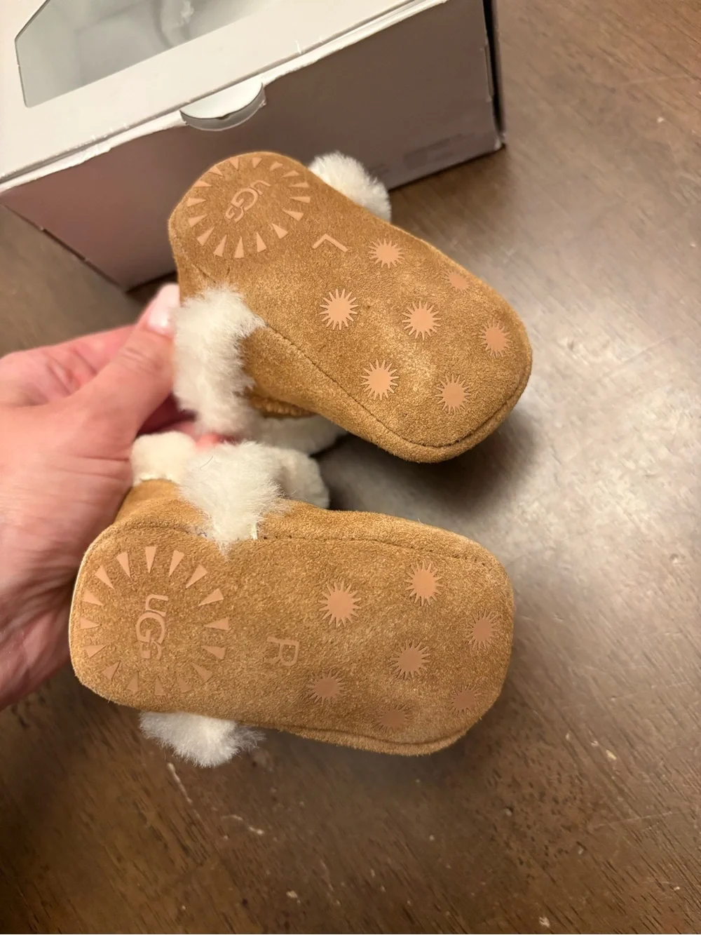 UGG Baby/Toddler Tan Suede Booties with Cream Shearling Trim